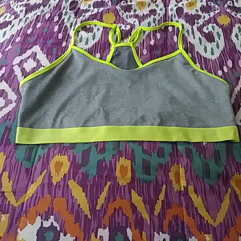 Grey and lime green sports bra